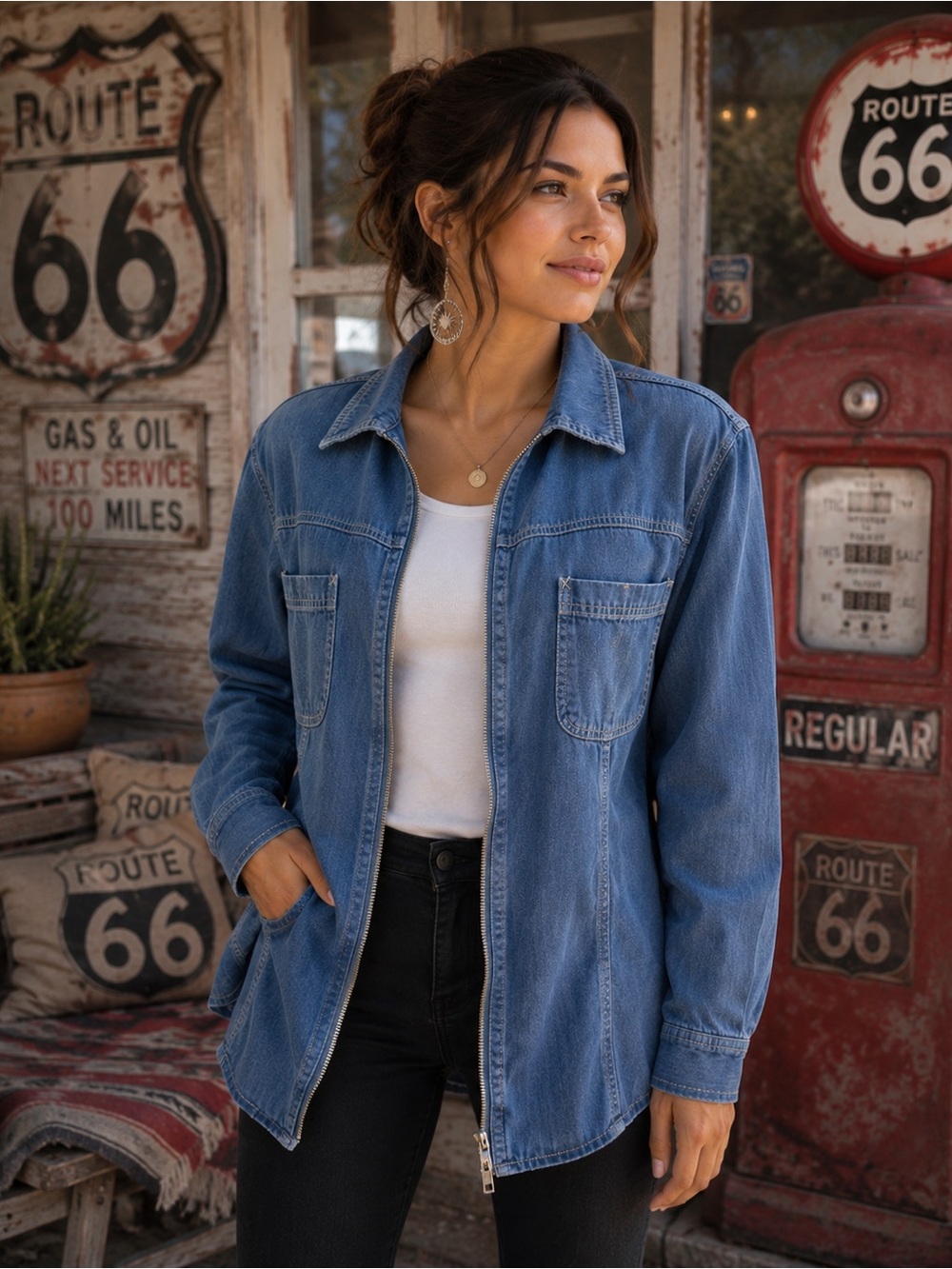 Vintage Y2K Route 66 Blue Denim Zip-Up Overshirt Jacket Size L 💙